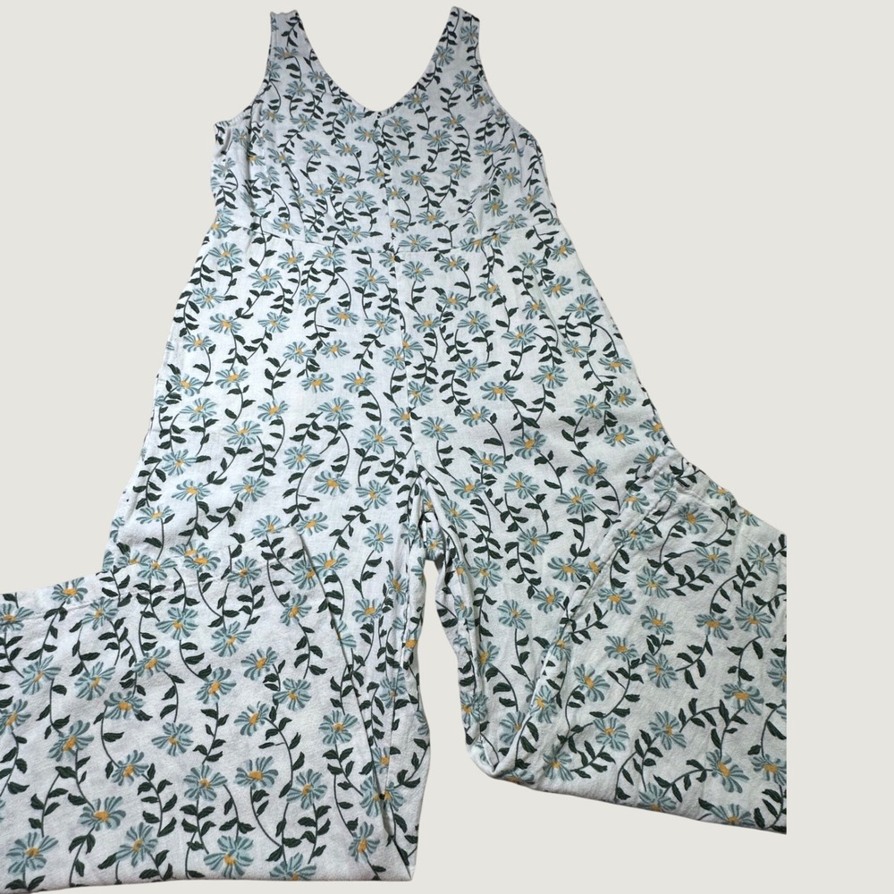Dip Women White Blue Daisy Floral Linen Blend Wide Leg Jumpsuit Size 4 - Picture 4 of 7